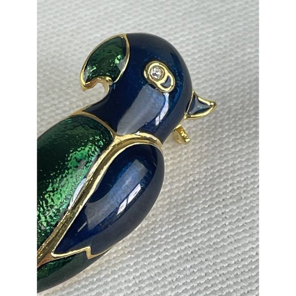 Vintage Tropical Parrot On Branch Brooch Jewel Green Blue Enamel Crystal Eyes - Picture 3 of 7
